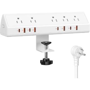 Desk Clamp Power Strip 65W Fast Charging Station,4 PD USB-C,5 Outlets,Nightstand Desk Edge Mount Tower Surge Protector,15 Amp Heavy Duty Power Strip,Fits 1.96" Tabletop Edge (Black, 6 FT Cable)