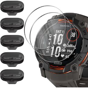 Orzero (3+5) Compatible for Garmin Instinct 3 AMOLED 50mm/Solar 50mm, 3 Pack Watch Screen Protector + 5 Pack Black Dust Plug, Tempered Glass Anti-Scratch TPU Charger Port Anti Dust Caps Cover