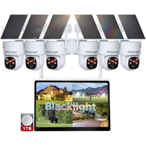 Blacklight Solar Security Wireless Camera System with 10" Monitor, 2K F1.0 6PCS Super Aperture PTZ Battery Powered Cameras for Home Security, Pre-Installed 1TB HDD, True Full Color Night Vison