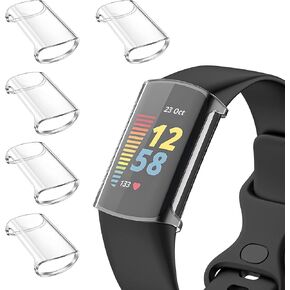 Watbro 4-Pack Screen Protector Compatible with Fitbit Charge 6/5, Soft TPU Ultra-Thin Full Face Case Cover All-Around Protective Plated Bumper Shell Accessories for Charge 6 5 Smartwatch-Pink/Rosegold/Silver/Clear