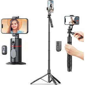 Auto Face Tracking Tripod 360 Rotation Bundle with 60" Phone Tripod Selfie Stick Stabilizer for iPhone Android Video Recording Vlog