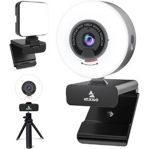 NexiGo 1080P Webcam Kits, N960E Pro 60FPS Webcam with Mic/Headset Jack and Extra USB Port, 1080P Web Camera with Light, Extendable Tripod Stand, Video Conference Lighting, for Zoom/Skype/Teams