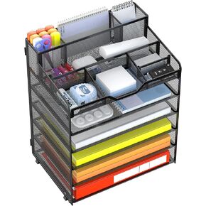 Multi-Functional Desk Organizer Tray, 5 Tier Paper Letter Tray Organizer with 3 Pen Holder, Mesh Desktop Organizer and Storage with 5 Adjustable Compartments for Office Supplies-Black
