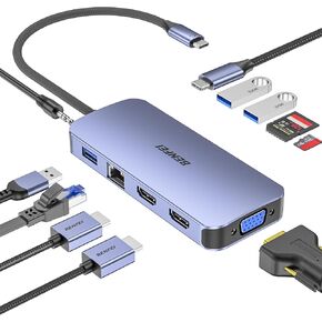 BENFEI 11-in-1 USB C Hub Triple Display Docking Station Dual HDMI, VGA, 3*USB 3.0, 1Gbps Ethernet, 100W Power Delivery, SD/TF Card Reader, 3.5mm AUX Audio Compatible with MacBook XPS Surface