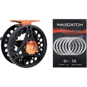 Maxcatch ECO Fly Fishing Reel Black 2/3WT+ Fly Fishing Tapered Leader Line-Pre-Tied Loop-9ft 4X(2pcs)+ 9ft 5X(2pcs)+ 9ft 6X(2pcs)