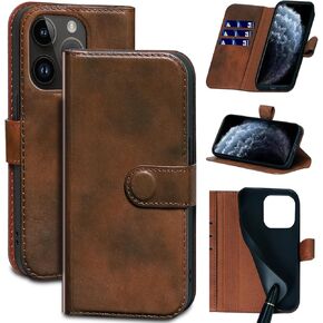 Compatible with iPhone 15 Pro Max Wallet Case with Card Holder, Genuine Leather Flip Folio Cover with Adjustable Kickstand,Magnetic Closure,Shockproof&Anti-Fingerprint, Brown