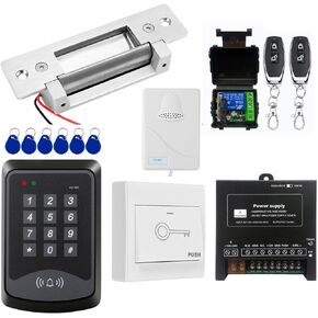 Door Access Control System RFID Keypad Electric Strike Lock Kit with Exit Button Doorbell Chime Remote Control