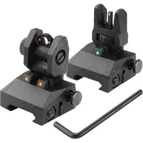 Fiber Optic Sights, Flip Up Front and Rear Backup Sights with Green Red Fiber Optics Dots,Simultaneously Carrying Low Baseline Fiber Optic Aiming，Tool-Free Adjustable Front Sight