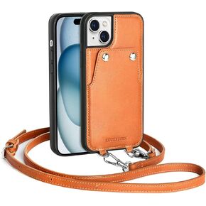 LUCKYCOIN Genuine Leather Crossbody Wallet Case for iPhone 15 Plus 6.7 in,Wallet Case with Card Holder for Women,Phone Purs Case with Pocket and Removable Shoulder Strap,Brown