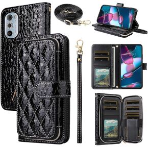 Argyle Wallet Case for Motorola Edge+ Plus 2022/Edge X30/30 Pro with Crossbody/Wrist Strap Luxury PU Leather Zipper Purse Shockproof Card Holder Cell Phone Cover for Moto Edge + 5G UW Red