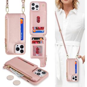 Cavor for iPhone 15 Pro Wallet Case with Card Holder,for iPhone 15 Pro Phone Case with Strap,Crossbody and Wristlet,Leather Zipper Pocket-Rose Gold