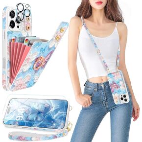 for iPhone 16 Pro Case Wallet with Card Holder&Lanyard, Cute 3D Oil Painting Floral Crossbody Cases with [Screen Protector+Camera Lens Protector] Ring Stand Case for iPhone 16 Pro, Purple