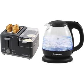 West Bend 78500 Breakfast Station Wide Slot Toaster, 2-Slice, Black & Elite Gourmet EKT1001 Electric BPA-Free Glass Kettle, Cordless 360° Base, Stylish Blue LED Interior, Black, 1L
