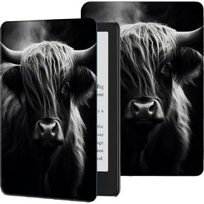 Slim Case for Kindle Paperwhite 12th Gen 2024 Released (7") & Kindle Colorsoft Signature Edition PU Leather Lightweight Adjustable Stand Smart Shell Cover with Auto Wake/Sleep, Highland Cow Black
