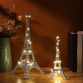 2 Pcs Eiffel Tower Statue Metal 10 Inch, 15 Inch Eiffel Tower Model Figurine Paris Themed Eiffel Tower Decor with 2 Light Strings for Cake Topper Party Table Centerpiece Kitchen Decoration