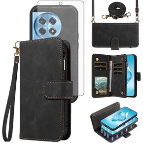 Asuwish Phone Case for OnePlus 12R 5G/Ace 3 2024 Zipper Wallet Detachable Magnetic Cover with Tempered Glass Screen Protector Crossbody Lanyard Strap Card Holder One+ 12 R R12 Ace3 Women Girls Brown