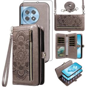 Asuwish Phone Case for OnePlus 12R 5G/Ace 3 2024 Zipper Wallet Magnetic Detachable Cell Cover with Tempered Glass Screen Protector Crossbody Strap Flower Card Holder Slot One+ 12 R R12 Ace3 Women Blue