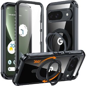 GUSTAVE Magnetic Stand for Google Pixel 9 Case [Fit for MagSafe] [360°Rotatable Stand] [Built-in Tempered Glass Screen Protector] Full-Body Shockproof Military-Grade Protective Case Black