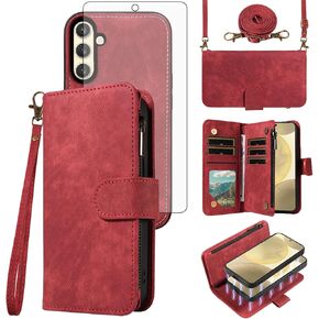 Phone Case for Samsung Galaxy S24/S25 5G Zipper Wallet Detachable Magnetic Cover with Tempered Glass Screen Protector Crossbody Lanyard Strap Flip Card Holder Slot S 24 24S 25 25S G5 Women Girls Red