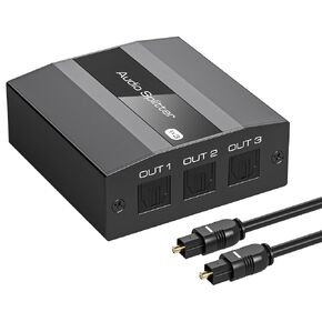 Digital Optical Audio Splitter 1 in 3 Out Digital SPDIF Toslink Fiber Optic Audio Cable 1x3 Splitter Support LPCM2.0/DTS/Dolby-AC3 for Amplifier Sound Bar TV DVD etc. with Optical Cable