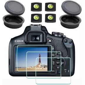 Screen Protector+ Body Cap& Lens Caps for Canon EOS Rebel T7 T6 T5 Camera & Hot Shoe Cover, [2+3Pack] 0.3mm 9H Hardness Tempered Glass
