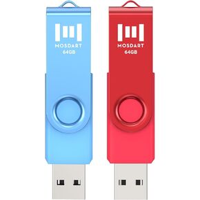 MOSDART 32GB USB2.0 Flash Drive, with Keychain Loop, Swivel Design with LED Light, FAT32 Memory Stick for Computers, System Backup, Data Storage, Red and Blue (Pack of 2)