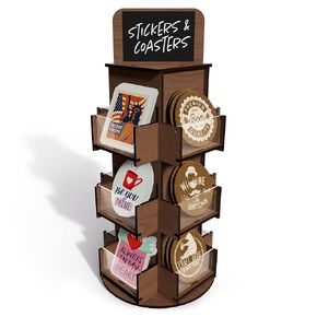 3 Tier Rotating Sticker Display Stand for Vendors - Brown Wooden Display Rack - Coaster Display - Sticker Holder Display - Retail Store Display Shelves