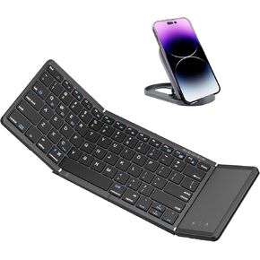 Folding Bluetooth Keyboard with Touchpad, Rechargeable Portable Travel Keyboard Bluetooth Sync Up to 3 Devices, for Windows iOS Android Tablet Laptop, Black - Big Touchpad BT5.1 x 3