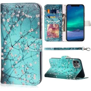 JanCalm for iPhone 12 Wallet Case/for iPhone 12 Pro Wallet Case, Floral Pattern PU Leather [Wrist Strap][Card/Cash Slots] Stand Feature Flip Cover (Pearl Flower)
