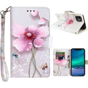 for iPhone 12 Wallet Case/for iPhone 12 Pro Wallet Case, Floral Pattern PU Leather [Wrist Strap][Card/Cash Slots] Stand Feature Flip Cover (Pearl Flower) in Saudi Arabia
