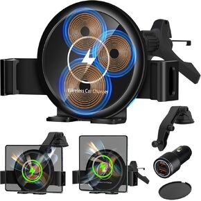 Wireless Car Charger for Z Fold 6 Car Mount, 20W Three Coils Fast Charging Auto-Clamping for Air Vent & Dashboard, Compatible for Galaxy Z Fold 6/S25 Ultra, iPhone 16 Pro Max with Cooling Fan