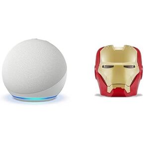 Echo Bundle: Like-New Amazon Echo Dot (newest model) | Glacier White and Limited Edition Marvel Iron Man Stand