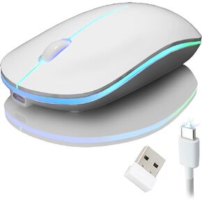 Wireless Mouse, 2.4GHz Optical Rechargeable Mouse with RGB Backlit and 500mAh Battery Included, Silent Click, 800/1200/1600 DPI, 5 Buttons, USB Receiver for Laptop, PC, Mac, Windows