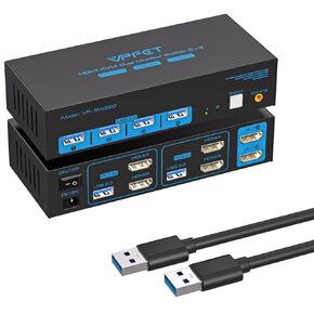 HDMI KVM Switch 2 Monitors 2 Computers 4K@60Hz USB 3.0 Dual Monitor KVM Switch 2 Ports for 2 PC Share 2 Screens and 4 USB Devices for Keybord Mouse Printer with Desktop Controller with USB 3.0 Cable