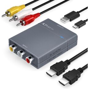 Portta RCA to HDMI Converter, AV to HDMI 1080P, Mini Composite CVBS to Digital Adapter Upscaler, Support PAL/NTSC, Compatible with VHS, VCR, PS3, N64, Wii, STB, Xbox, Blue-Ray DVD Players, Grey