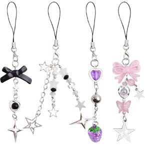 4PCS Crystal Beaded Cute Phone Charms Aesthetic Y2K Cellphone Charm Bracelet Straps Decoration Charm for Phones Bags Keychains Cameras Pendants Decorations