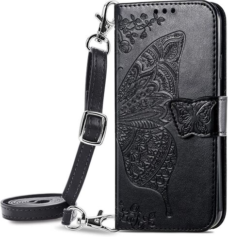 for OnePlus 13R 5G Case 3D Butterfly Embossed Flowers Wallet Card Holder Lanyard Neck Crossbody Detachable Strap Flip Slim Cover Soft PU Leather Clasp Black in Saudi Arabia