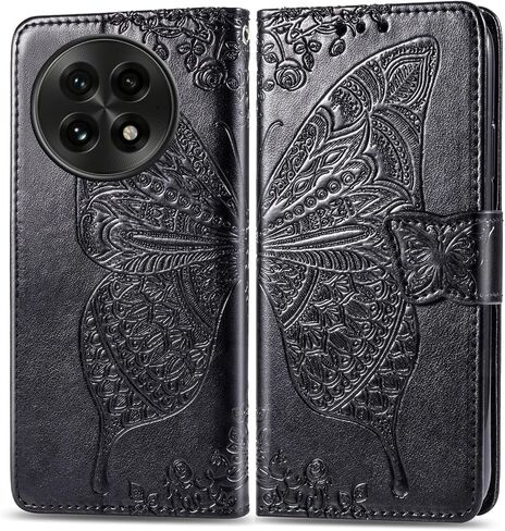 for OnePlus 13R 5G Case 3D Butterfly Embossed Flowers Wallet Card Holder Lanyard Neck Crossbody Detachable Strap Flip Slim Cover Soft PU Leather Clasp Black in Saudi Arabia