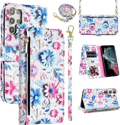 Wallet Case for Samsung Galaxy S23 Ultra 5G with Wrist Strap Shoulder Strap, 9+ Card Slots Zipper Floral Leather Stand Cell Phone Cover for S23Ultra 23S S 23 23Ultra 6.8 inch Women Men Pink in Saudi Arabia