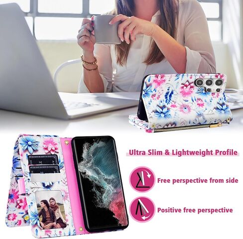 Wallet Case for Samsung Galaxy S23 Ultra 5G with Wrist Strap Shoulder Strap, 9+ Card Slots Zipper Floral Leather Stand Cell Phone Cover for S23Ultra 23S S 23 23Ultra 6.8 inch Women Men Pink in Saudi Arabia