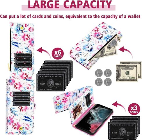 Wallet Case for Samsung Galaxy S23 Ultra 5G with Wrist Strap Shoulder Strap, 9+ Card Slots Zipper Floral Leather Stand Cell Phone Cover for S23Ultra 23S S 23 23Ultra 6.8 inch Women Men Pink in Saudi Arabia