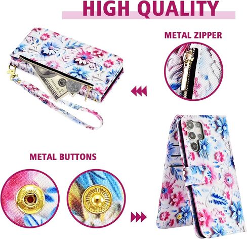 Wallet Case for Samsung Galaxy S23 Ultra 5G with Wrist Strap Shoulder Strap, 9+ Card Slots Zipper Floral Leather Stand Cell Phone Cover for S23Ultra 23S S 23 23Ultra 6.8 inch Women Men Pink in Saudi Arabia