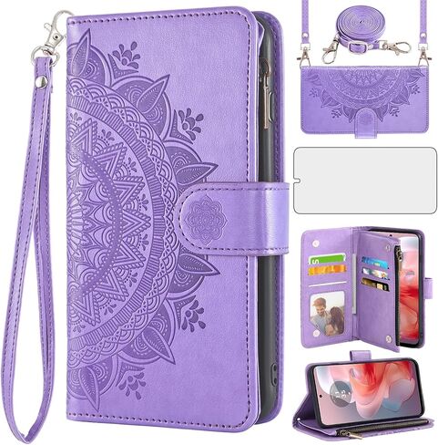 Asuwish Phone Case for Motorola Moto G Power 5G 2024 Wallet Cell Cover with Screen Protector Lanyard Strap Mandala Flower Vlip Zipper Slot in Kuwait