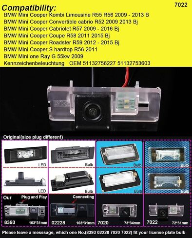 HD Rear-View License Plate Car Reverse Camera for BMW Mini Cooper Kombi Limousine R55 R56/Convertible Cabrio R52/Cooper Cabriolet R57/Coupe R58/Roadster R59/S Hardtop R56/One Ray G 55kw in Kuwait