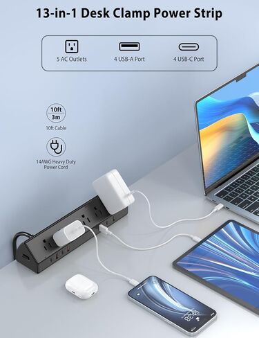 محطة مشبك المكتبي الشريط 65W ، محطة شحن سريعة ، 4 PD USB-C ، 5 منافذ ، واقي من الحافة المكتبية الحافة المكتبية ، و 15 أمبير شريط الطاقة الثقيلة ، وتلائم 1.96 "حافة الطاولة (أسود ، كابل 6 قدم) in Kuwait