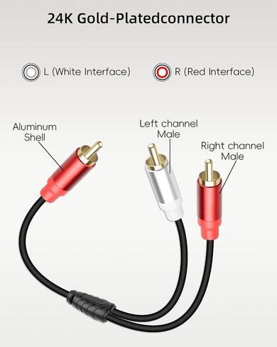 RIIEYOCA Short RCA Y Splitter Cable,1 RCA Male to 2 RCA Male Stereo Audio Extension Cable for Speaker,Subwoofer,Amplifier,Stereo System,Home Theater,2Pack(0.3M/1FT) in Saudi Arabia