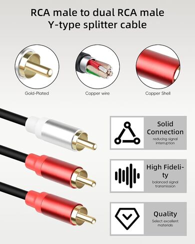 RIIEYOCA Short RCA Y Splitter Cable,1 RCA Male to 2 RCA Male Stereo Audio Extension Cable for Speaker,Subwoofer,Amplifier,Stereo System,Home Theater,2Pack(0.3M/1FT) in Saudi Arabia