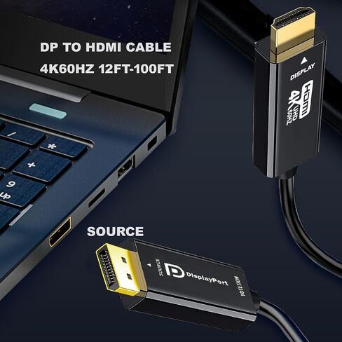 DisplayPort إلى HDMI 50ft كبل ، 4K DP إلى HDMI ذكر إلى كابل الفيديو العام ، 4K@60Hz أحادي الاتجاه ، [ABS] ، متوافق مع HDTVs ، الشاشات ، AMD ، NVIDIA ، LENOVO ، HP in Kuwait