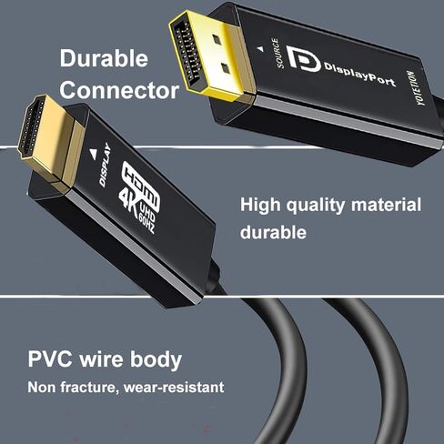 DisplayPort إلى HDMI 50ft كبل ، 4K DP إلى HDMI ذكر إلى كابل الفيديو العام ، 4K@60Hz أحادي الاتجاه ، [ABS] ، متوافق مع HDTVs ، الشاشات ، AMD ، NVIDIA ، LENOVO ، HP in Kuwait