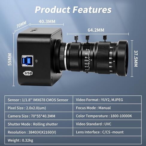 MOKOSE USB Camera 4K, USB3.0 Manual Focus Webcam with C-Mount 10-55mm Telephoto Zoom Lens, IMX678 1/1.8" 8MP Sensor Support YUY2,Web Camera for Desktop Computer Laptop in Kuwait